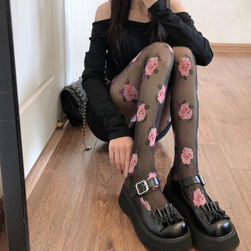 Women Vintage Rose Patterned Thin Tights Japanese JK High Waist Footed Pantyhose Silky Stockings Sheer Fashion Hosiery