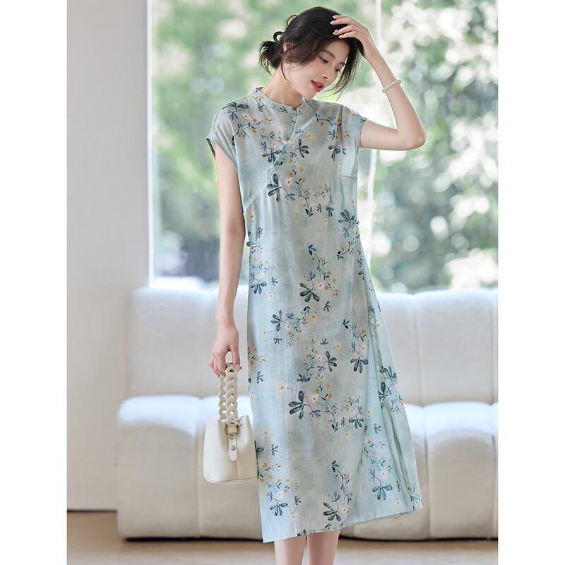 ORIGIN Blue Lotus Print A-Line Midi Dress M