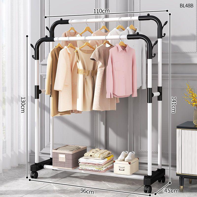 Plastic Floor-Standing Balcony and Bedroom Clothes & Hat Rack, with Folding Drying Pole and Storage.