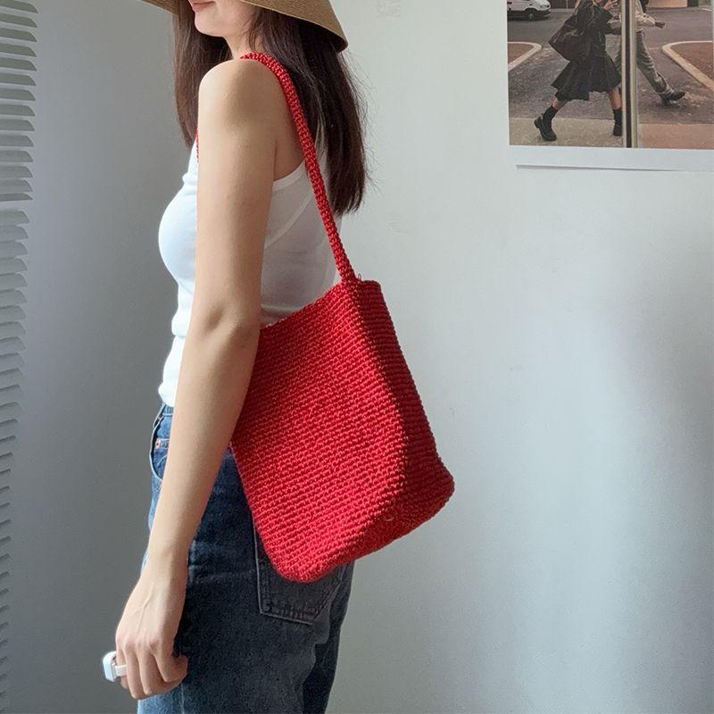 

25 New Korean Style Red Handmade Woven Bag Niche Design Gold Thread Bucket Bag Versitile Fashion Shoulder Bag Red