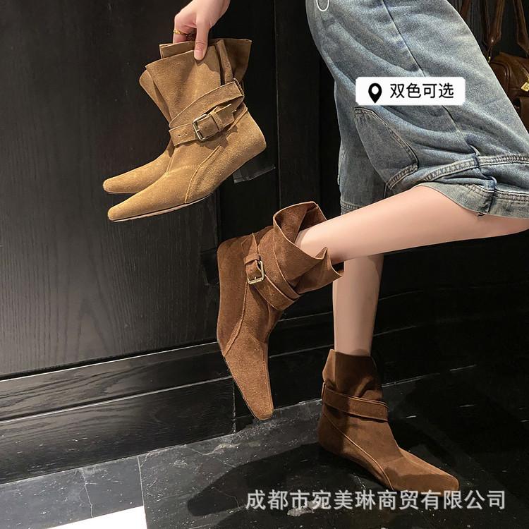 French retro polished matte cowhide short boots, foreign trade new square head and ankle thick heel belt buckle Chelsea boots