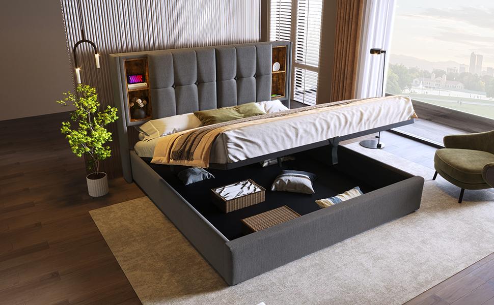 Double Bed with Wireless Charging USB C, Upholstered Bed Frame 160x200cm, Bed Frame with Storage Slatted Frame made of Wood-Grey Cotton (No Mattress)