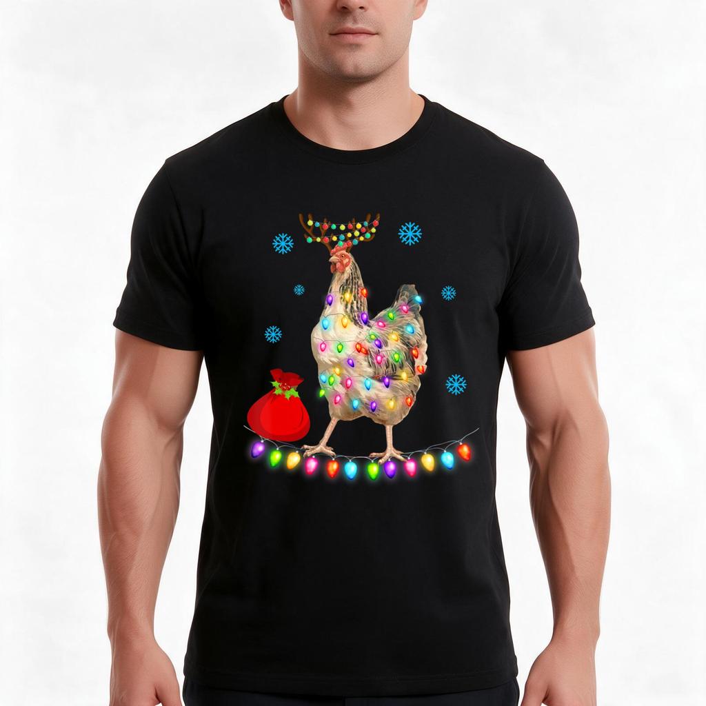 Chicken Christmas Santa Reindeer Lights Farmer Pajamas Tshirt Summer Casual Cotton Tee Oversized Streetwear Tops 100 Cotton