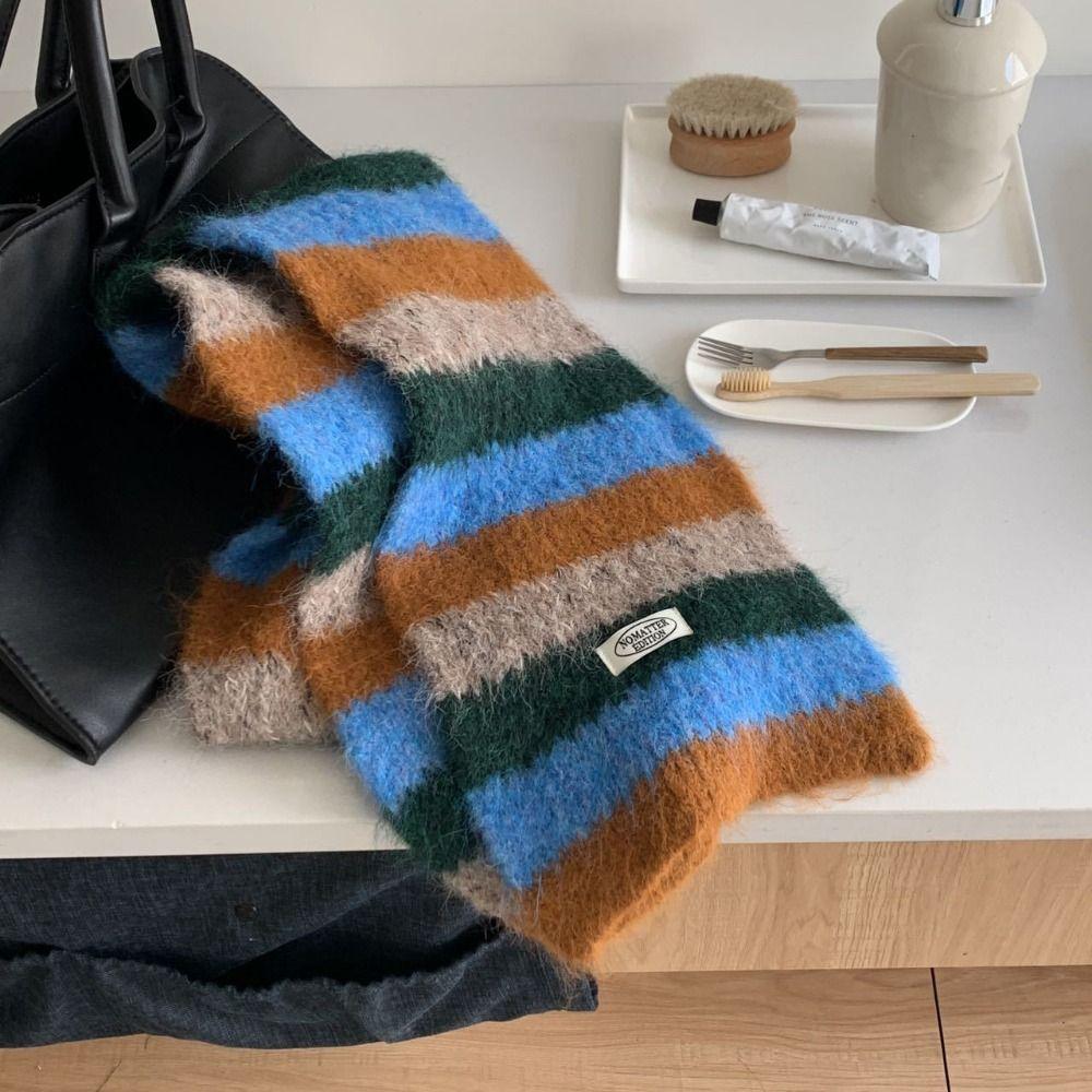 Preppy Style Stripe Scarf Plush Knitted Shawl Simple Plaid Wool Scarf  Girl