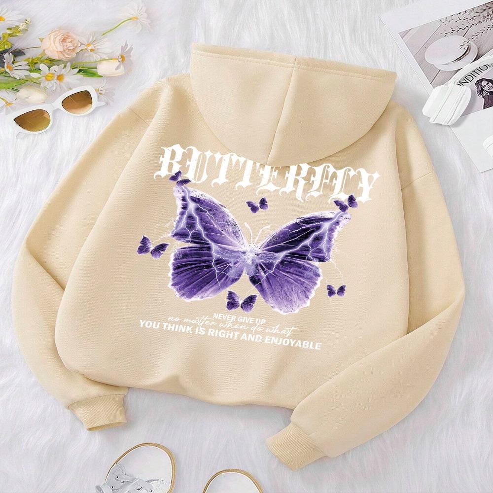 Felpe con Cappuccio Stampa Farfalla Viola Bellissime Donna Tasca in Pile Felpa con Cappuccio Semplice Casual Autunno Ampia Streetwear Femminile