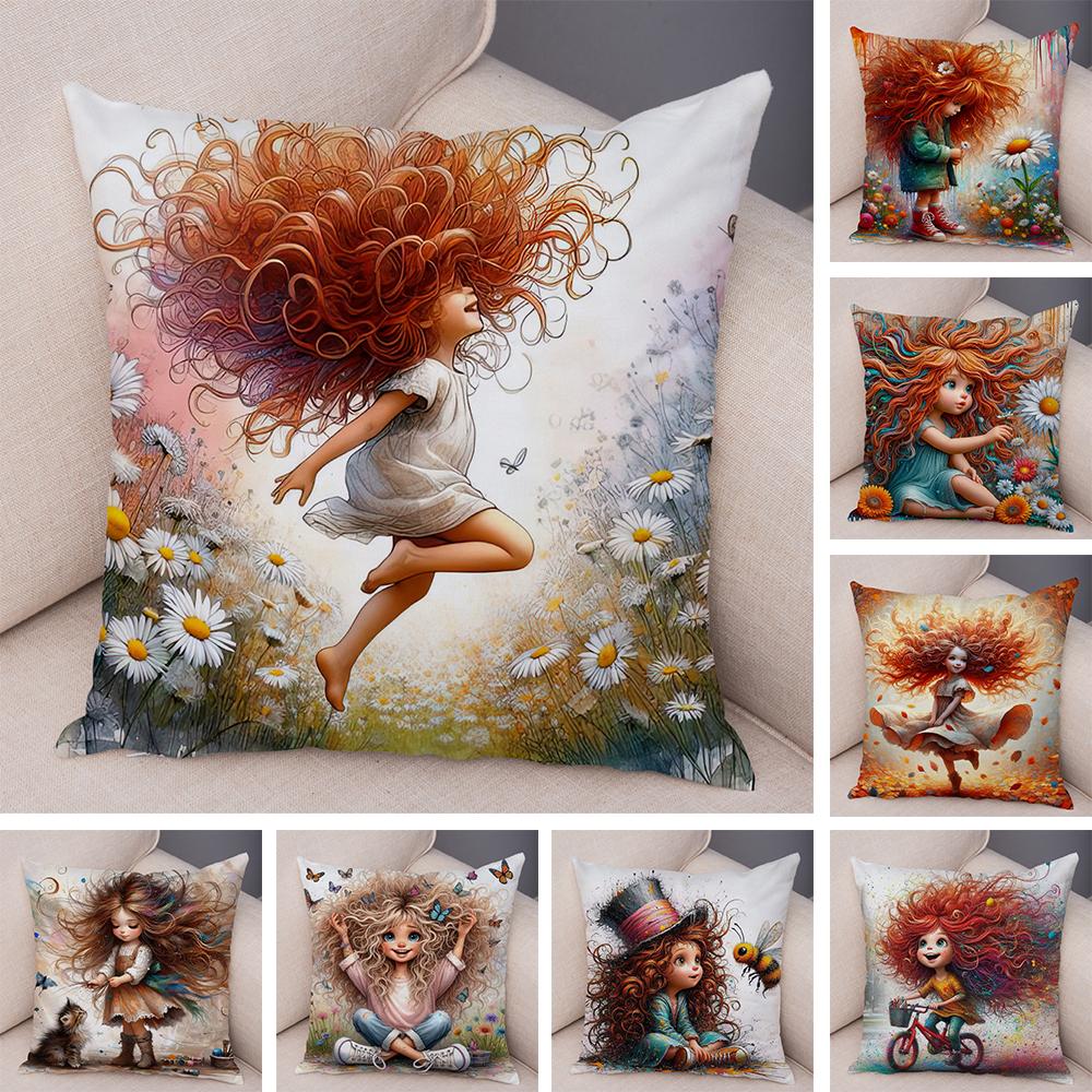 Double Print Cute Cartoon Explosive Hairstyle Cushion Cover Pillowcase Decor for Sofa Home  Super Soft Plush Pillow Case