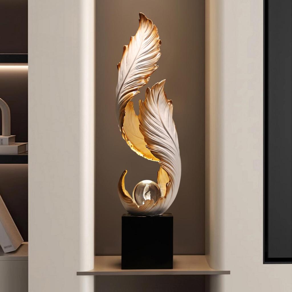 Golden Plume Statue Layered Floor decor Standing Ornament Slender Feather