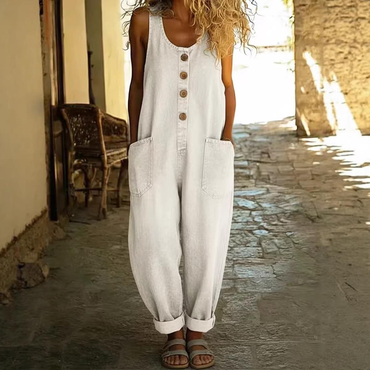 2026 Лето Европейский и Американский Ретро Женский Свободный Джинсовый Безрукавный Комбинезон 2XL белый