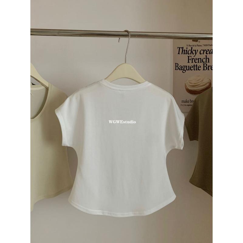 

Women s 2Pcs Beige White U-Neck Short Sleeve Curved Hem Casual T-Shirt S білий