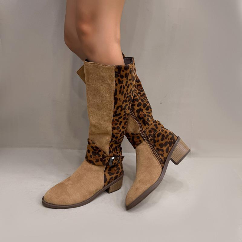 Autumn and Winter Leopard Pattern Belt Buckle High-tube Boots Side Zipper Thick-heeled Mid-heeled Knight Boots Women