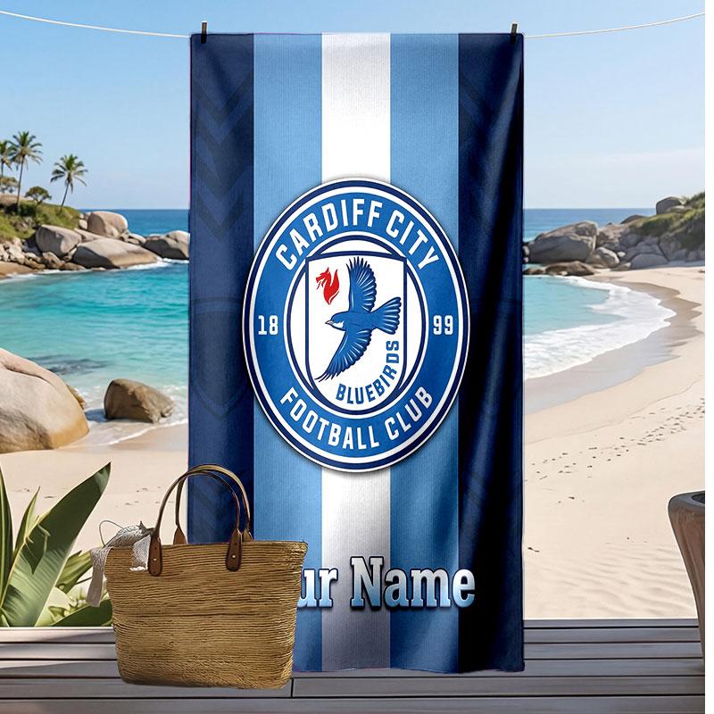 Cardiff City Personalized Printed Beach Towel Soccer Logo Support Custom Name Text Absorbent Towel For Sport Travel Special Gift