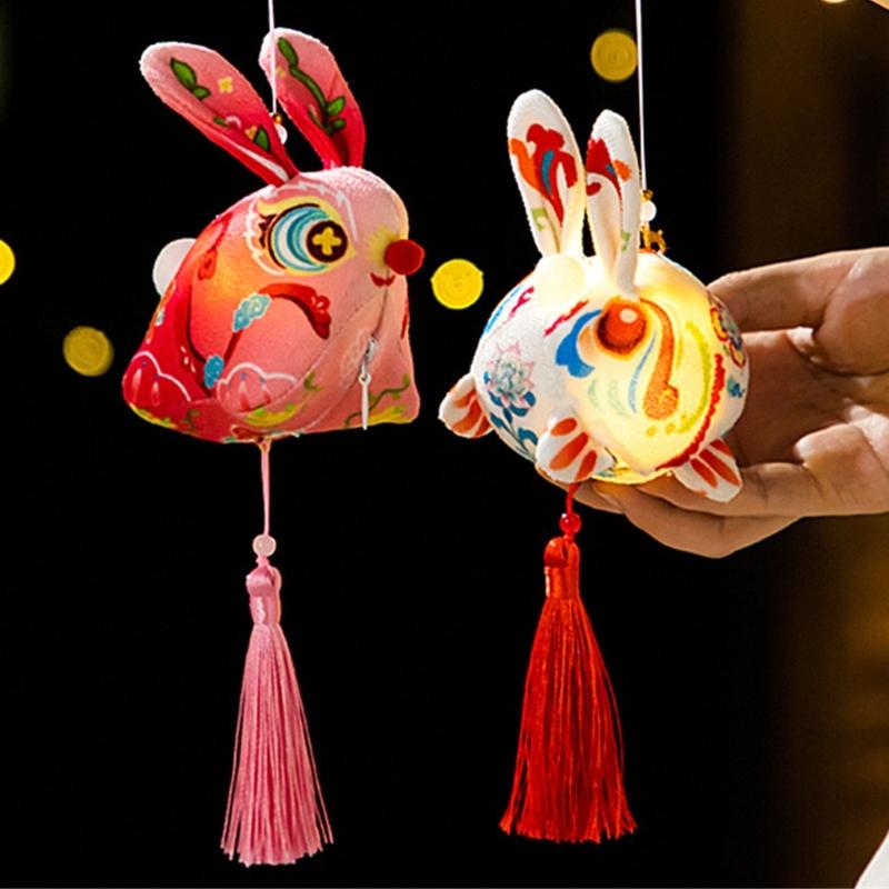 Handmade Fabric Rabbit Lamp Making Supplies Traditional Style Design With Glowing LED For Party Decoration