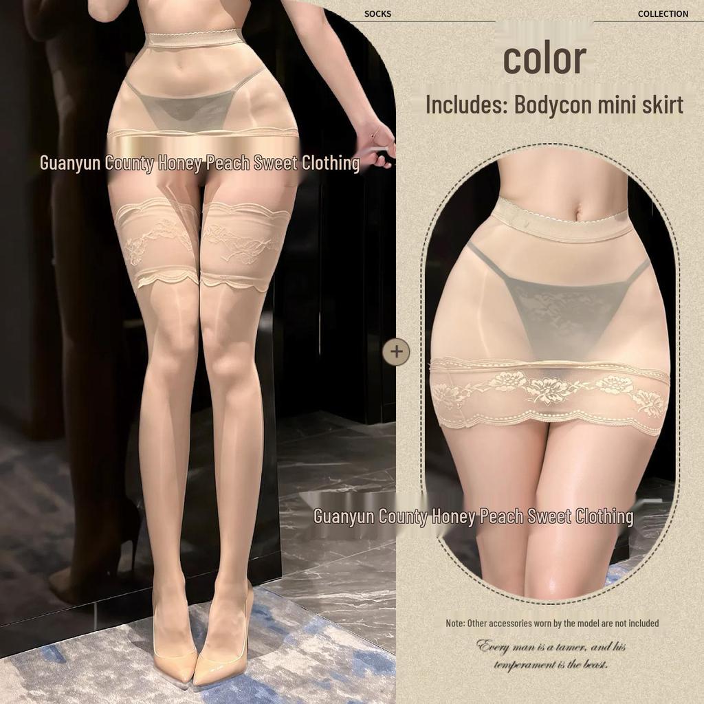 Seductive Sheer Hip-Hugging Miniskirt with Lace Trim and Over-the-Knee Black Stockings