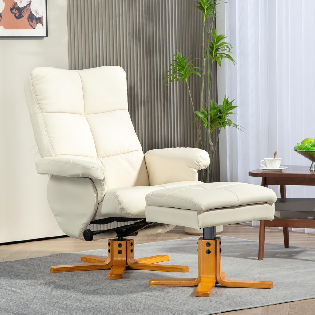 Recliner with Ottoman, 145 Degrees Reclining Backrest, 360 Degrees Swivel, Faux Leather, Cream White