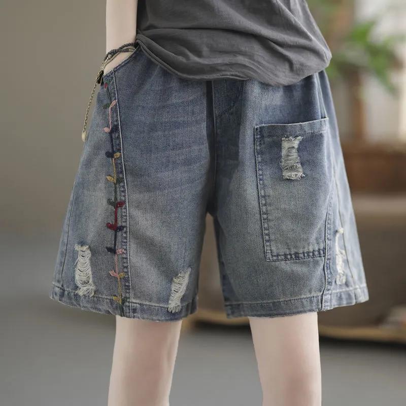 Women's Summer Korean-Style Elastic Waist Large-Pocket Denim Shorts - Loose-Fit Slimming Wide-Leg Pants