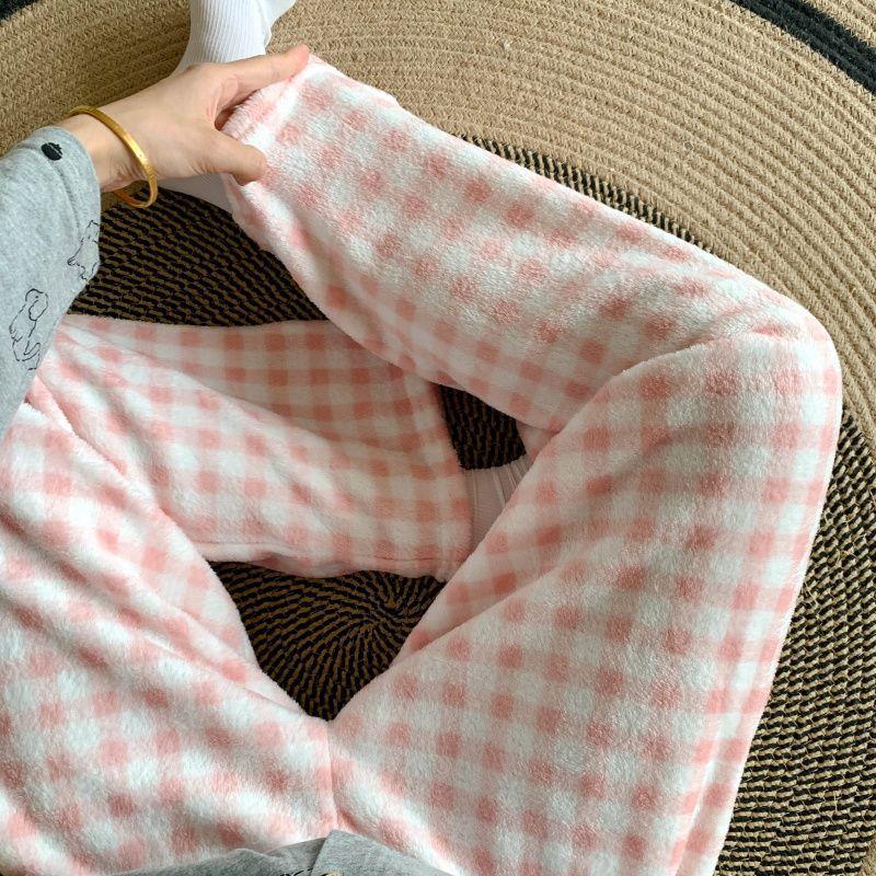 Korean Style Women's Fleece Pajama Pants - Flannel Cartoon Design for Autumn and Winter