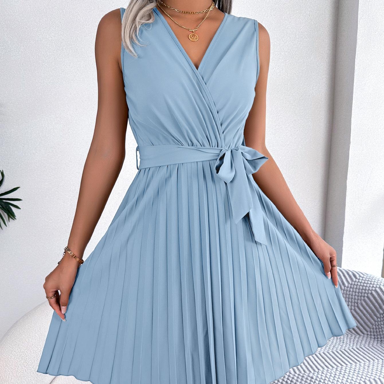 

GMXIA Женские летние весенние модные однотонные тонкие коктейльные и вечерние платья без рукавов с v-образным вырезом XL baby голубой