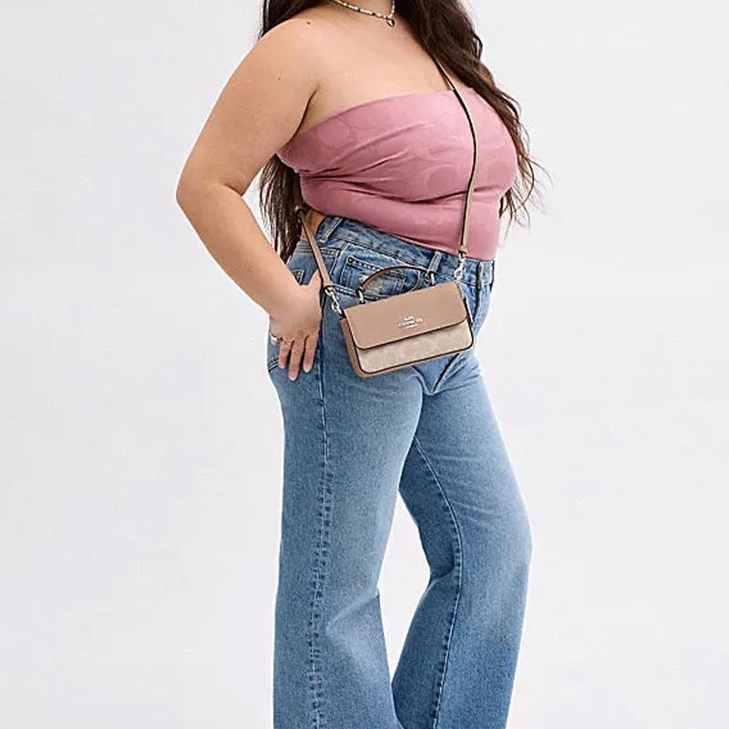 Coach Josie 18 Logo Buckle Closure Faux Leather And Cowhide Shoulder Crossbody Handbag Small Women Handbag Gray-Brown CW412-SVPWH