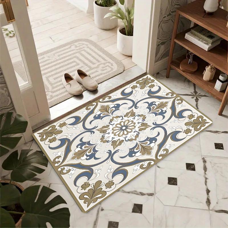Blau-Weißes Blumen-Fußabtreter Rutschfester Eingangs-Teppich Vintage Mediterranes Muster Bodenmatte für Hauseingang Innen Außen