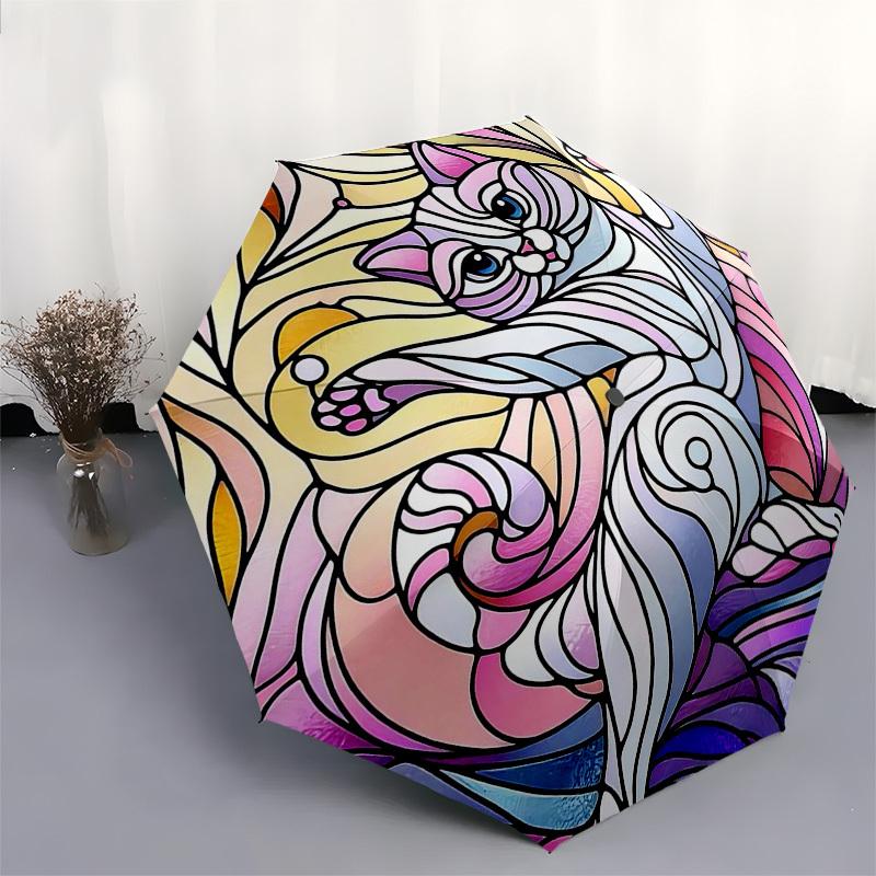 1pc Stained Glass Cat Design Automatic Opening Folding Umbrella with 8-Rib Iron Frame, Suitable for Fans, Travel, Daily Use, Outdoor, Festive Gift.SS0
