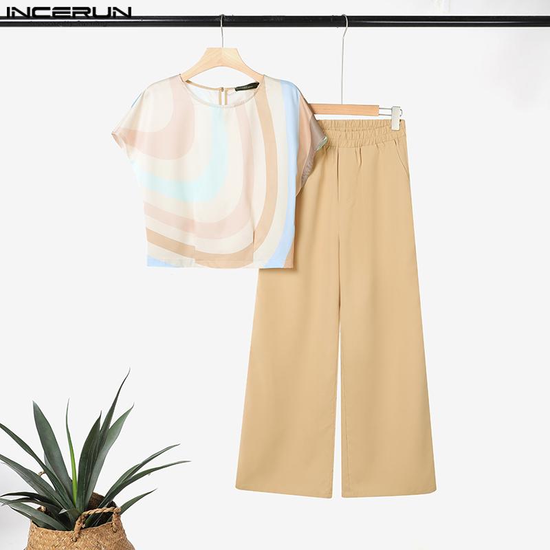 ZANZEA Damen Kurzarm Print Bluse und Hose Lässige Zweiteiler Anzugsets