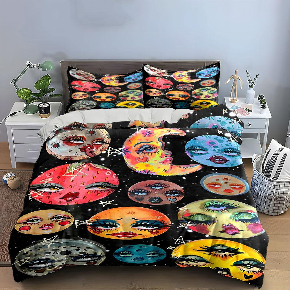 Colorful moons with faces. Bedding sets Duvet cover sets Duvet covers Pillowcases(1 * Duvet Cover 2 * Pillowcases without duvet insert)
