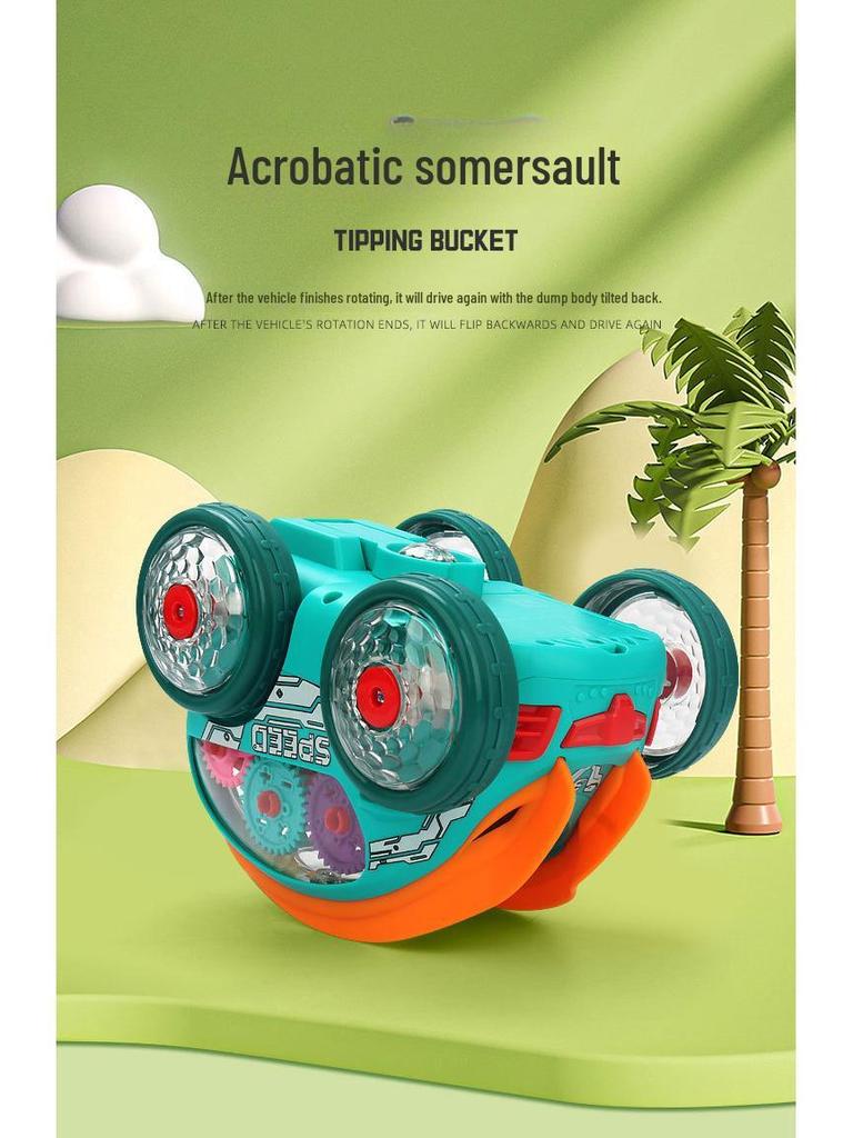 Electric Stunt Dump Truck with Music, Lights & 360° Rotation - Transparent Gear Toy for Kids