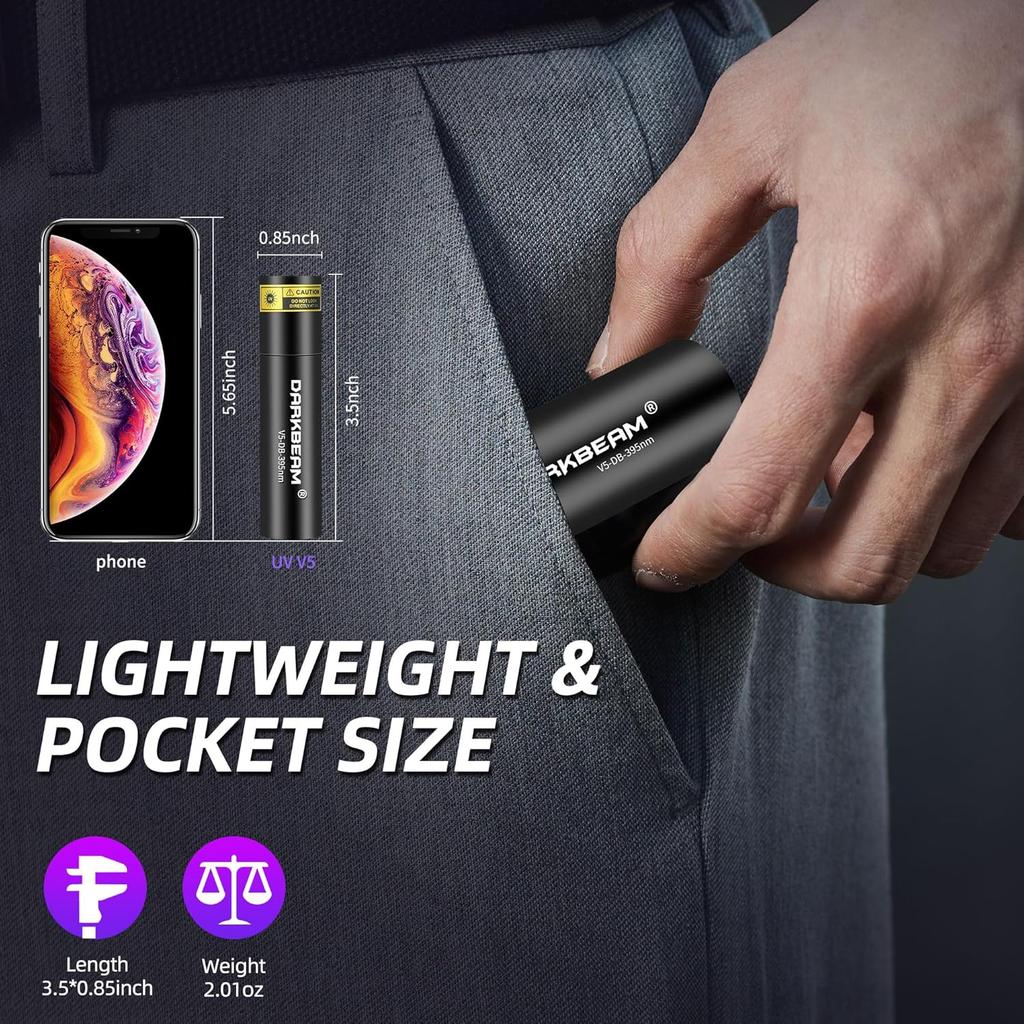 DARKBEAM Flashlight UV Black Light 395 NM, Mini but Powerful USB- C LED Rechargeable Woods Lamp, Ultraviolet Flashlights for Pet Urine, Stains