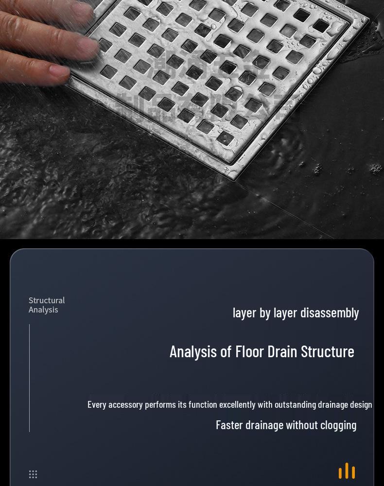 304 Stainless Steel European-Style Large Capacity Square Floor Drain with Sliding Side Drain.
