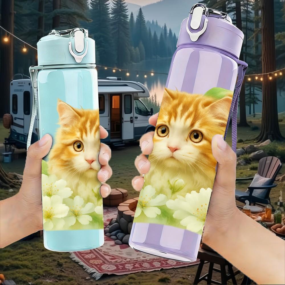 1PC Cat White Chrysanthemum Print 750ml Color Plastic Sports Water Bottle Leakproof Flip Straw Lid Suitable for Sports Office Home Use
