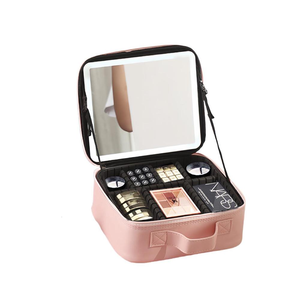 Portable LED Makeup Bag with Full Screen Mirror - Large Capacity Cosmetics Organizer