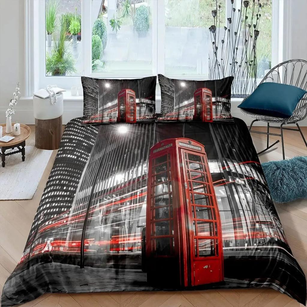 Big Ben Comforter Cover Boys Famous Telephone Booth Bedding Set for Teens Retro London Cityscape Duvet Cover Set with Pillowcase