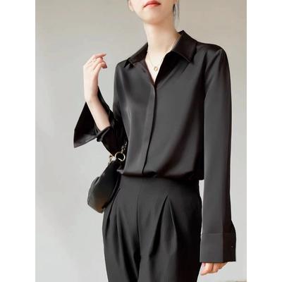 Camisa leve de cetim branca para mulheres, manga comprida, primavera e outono, nova, versátil, antirrugas, drapeado, camisa para viajante