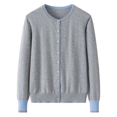 Früher Herbst Damen Colorblock Kaschmir-Cardigan - Rundhalsausschnitt, 9 Harzknöpfe Strickmantel
