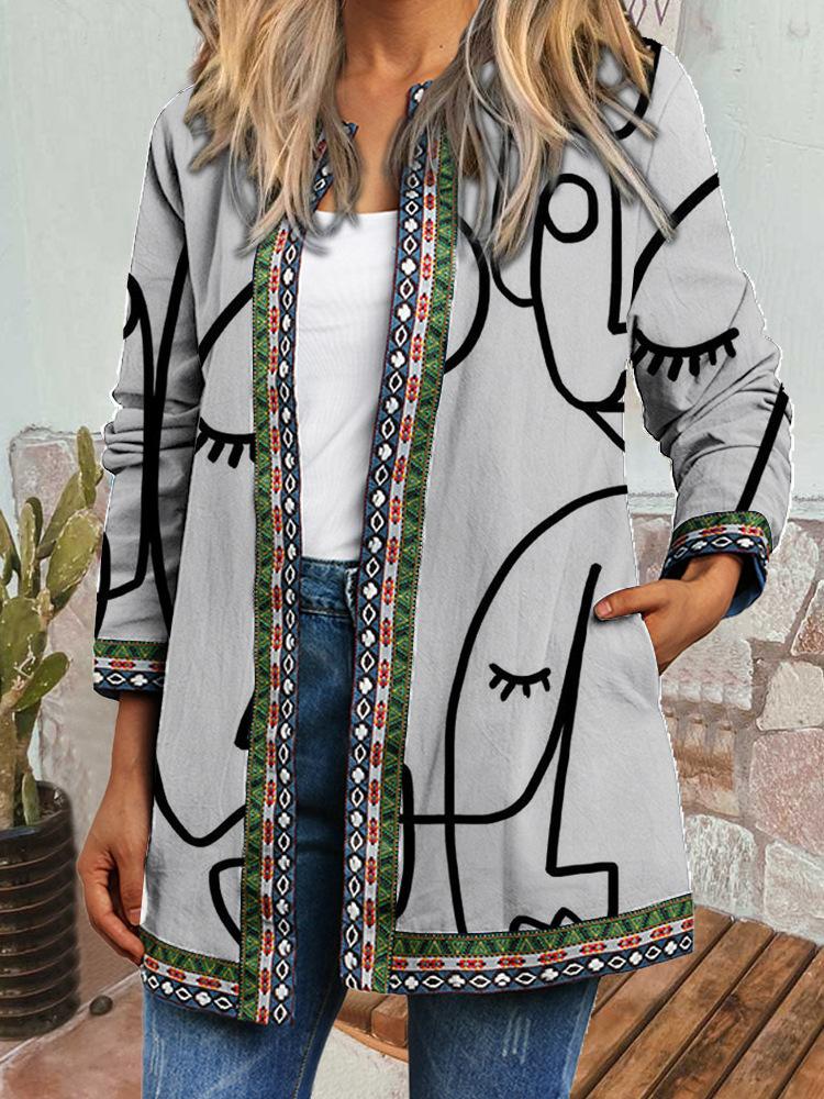 Women's Crew Neck Long Sleeve Cardigan Oversized Vintage Ethnic Print Plus Size Open Front Jacket Casual Outerwear