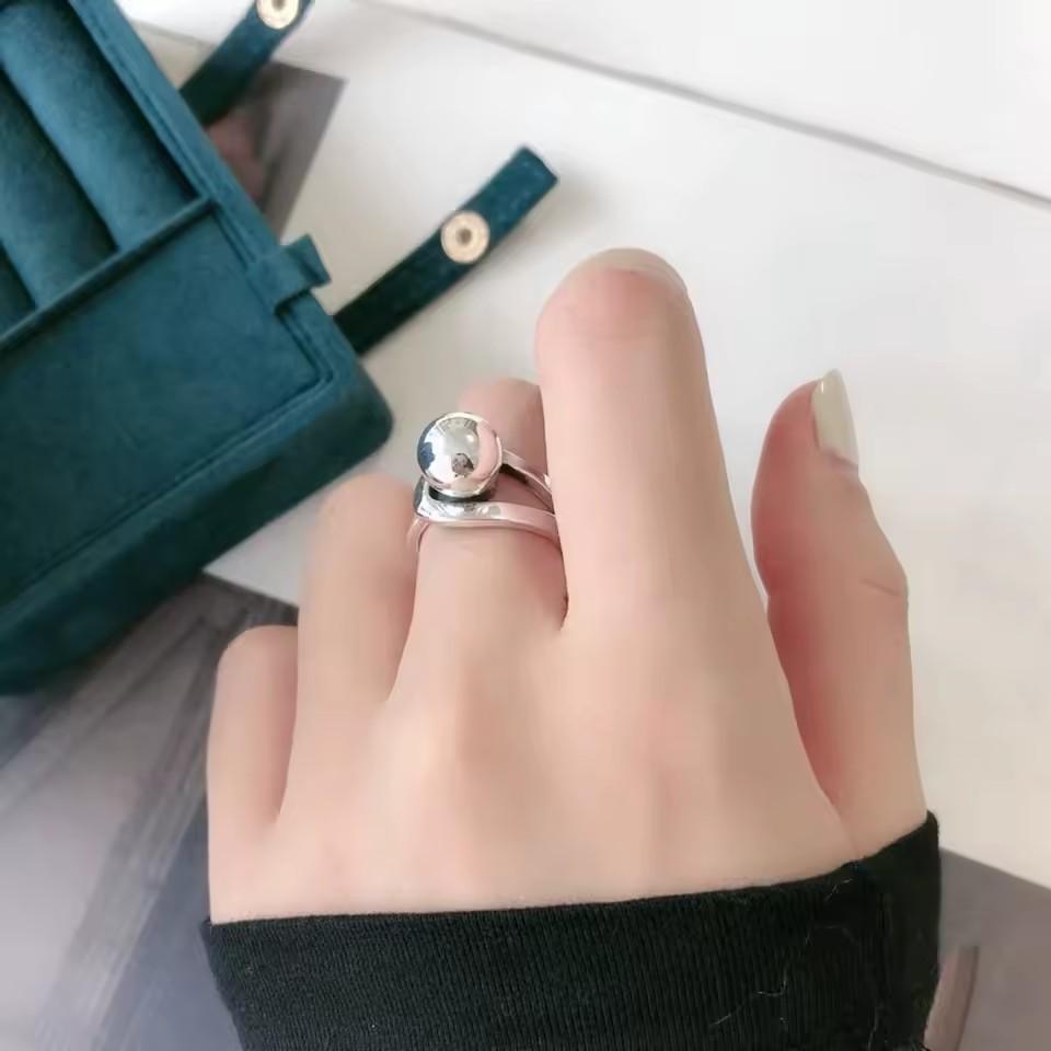 Sam Panda 925 Silver Simple Ring For Women Fine Jewelry Finger Adjustable Open Vintage Big Ball Ring For Party Birthday