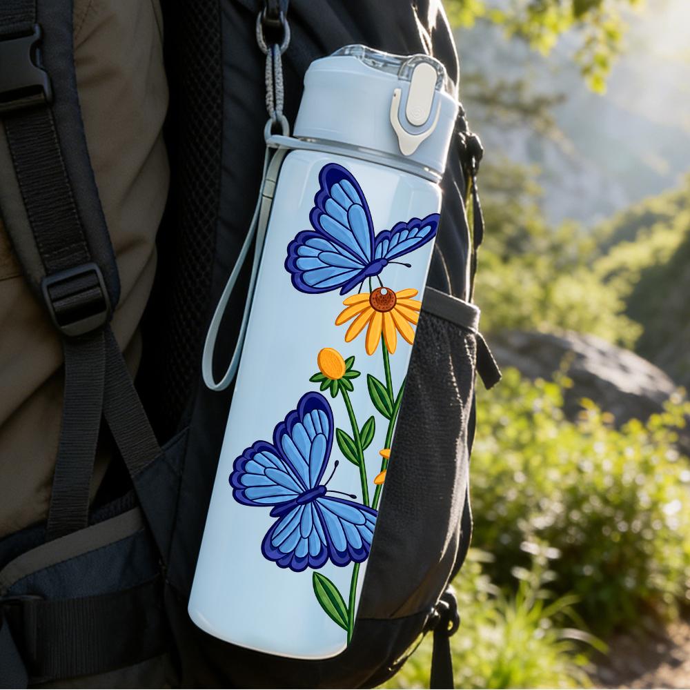 1PC Blue Butterfly Daisy Floral 750ml Color Plastic Sports Water Bottle Leakproof Flip Straw Lid Suitable for Sports Office Home Use