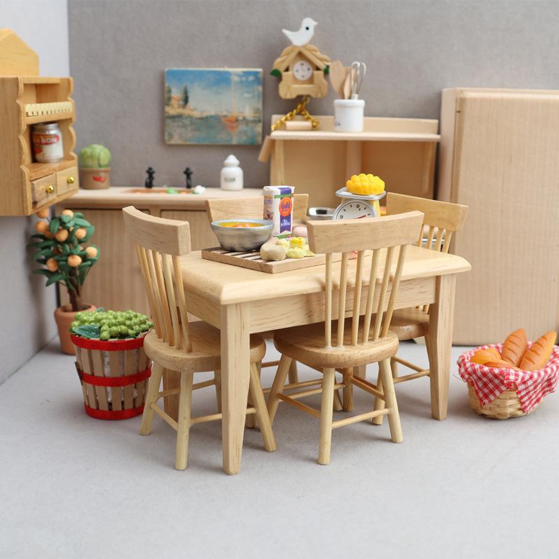 1:12 Miniature Wooden Dining Set: 5-Piece Table & Chairs