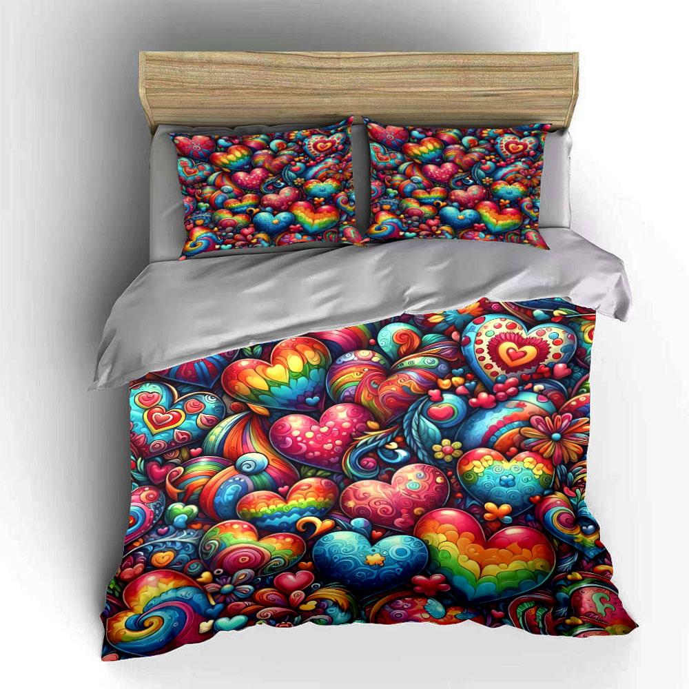 Colorful Heart Pattern Decor Set Soft Comfortable Duvet Cover Bedding Set Included 1*Duvet Cover & 2*Pillowcases, Gift