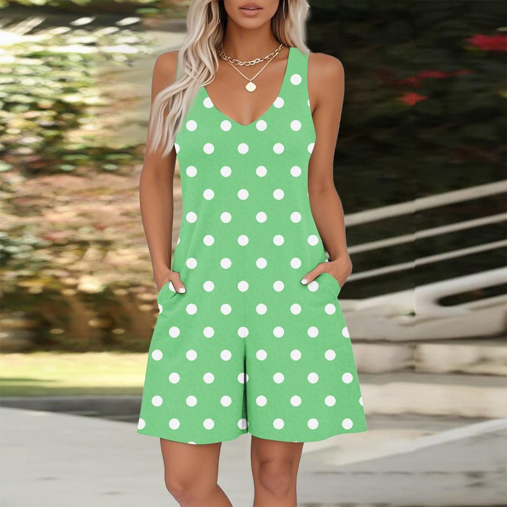 Ärmelloser Jumpsuit mit V-Ausschnitt und Print für Damen, Frühling und Sommer, lässige Jumpsuit-Shorts