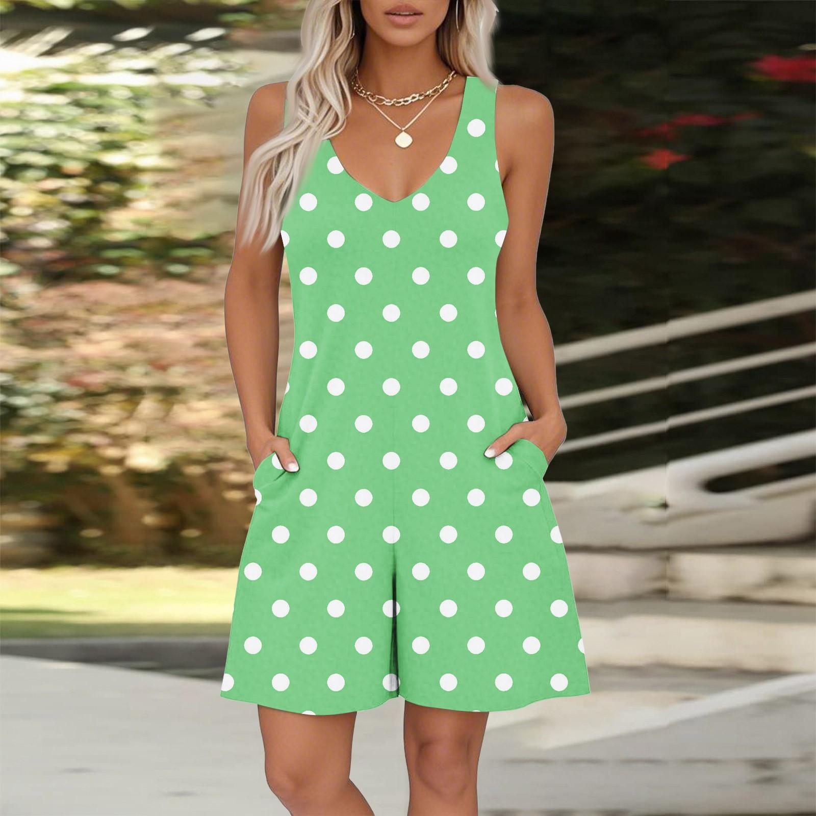 

Женский комбинезон без рукавов с принтом и V-образным вырезом, повседневный комбинезон с шортами на весну и лето L зелёный