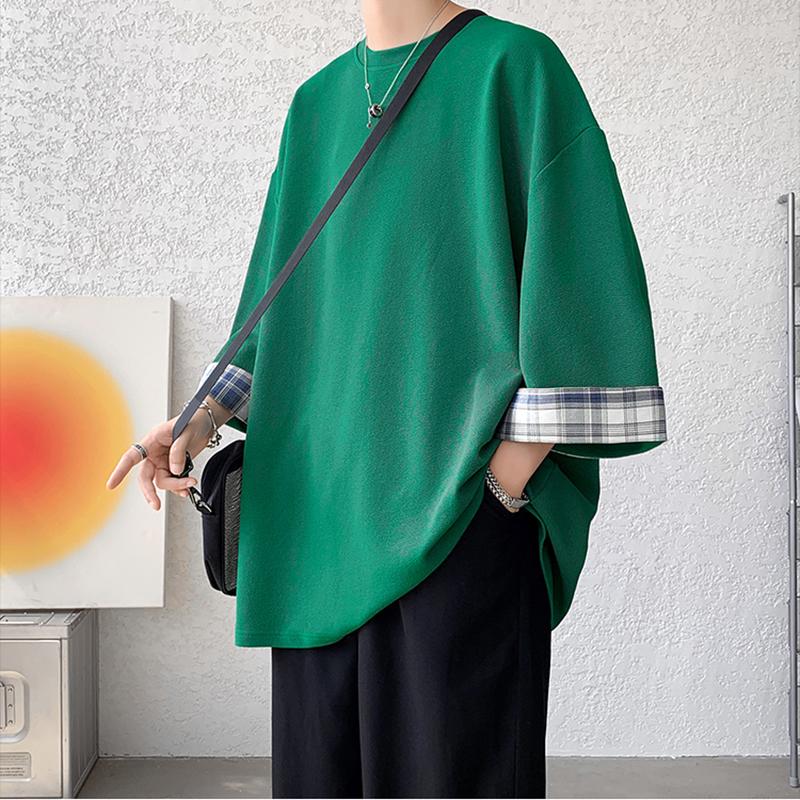 Men T Shirts Summer Men's T-shirts Women Oversized 2XL Korean Style Loose Plaid T-shirt Casual Seven Sleeves T-Shirt Male White