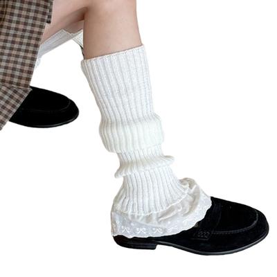 Ribbed Knitted Vertical Striped Leg Warmers Boot Cuffs Cute Ruffled Lace Hem Leg Covers Over Calf Long Socks for Women