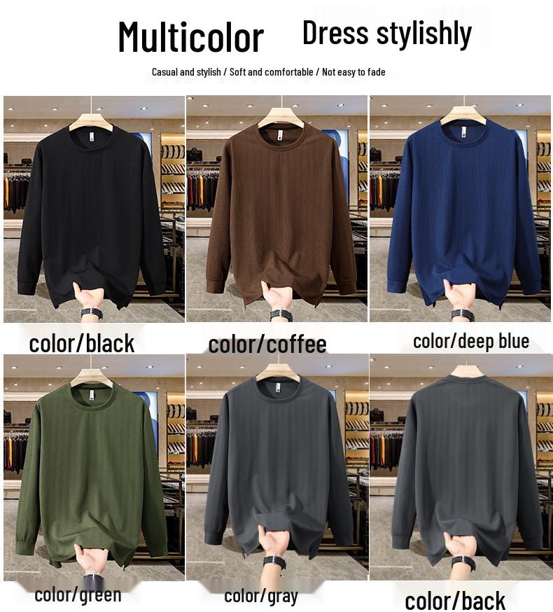 Men's Long-Sleeve Fleece-Lined Hoodie T-Shirt - Solid Color, Round Neck, Plus Size for Spring & Autumn