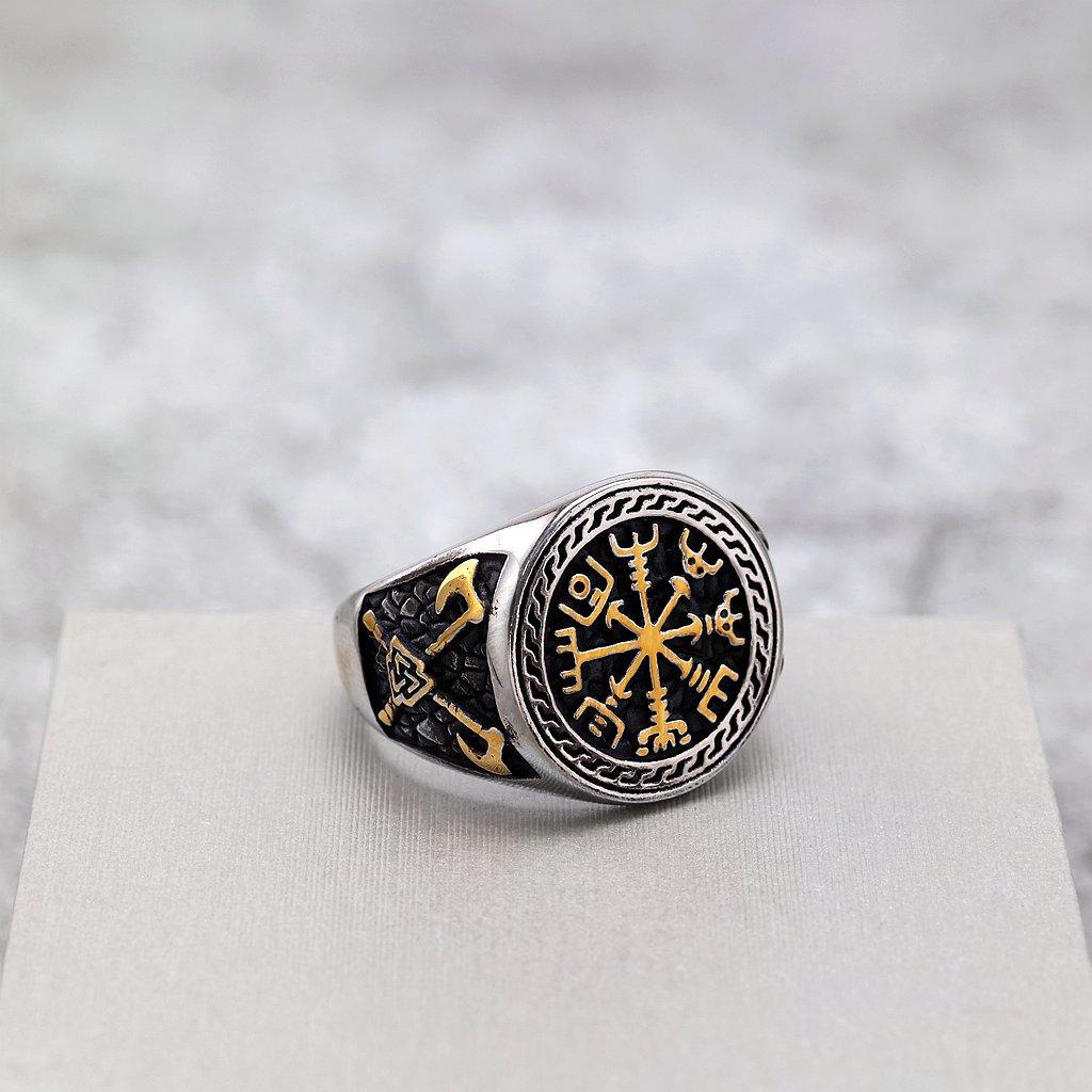 Antique Solid Stainless Steel Viking Compass Mens Ring