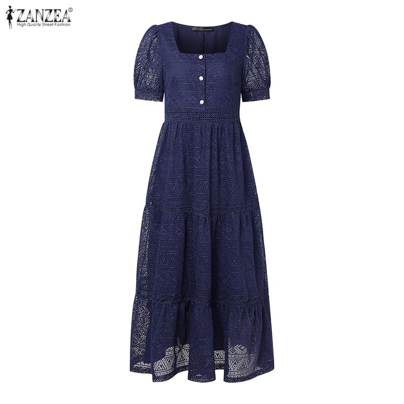 ZANZEA Women Elegant Lace Patchwork Summer Casual Half Sleeve Long Dress