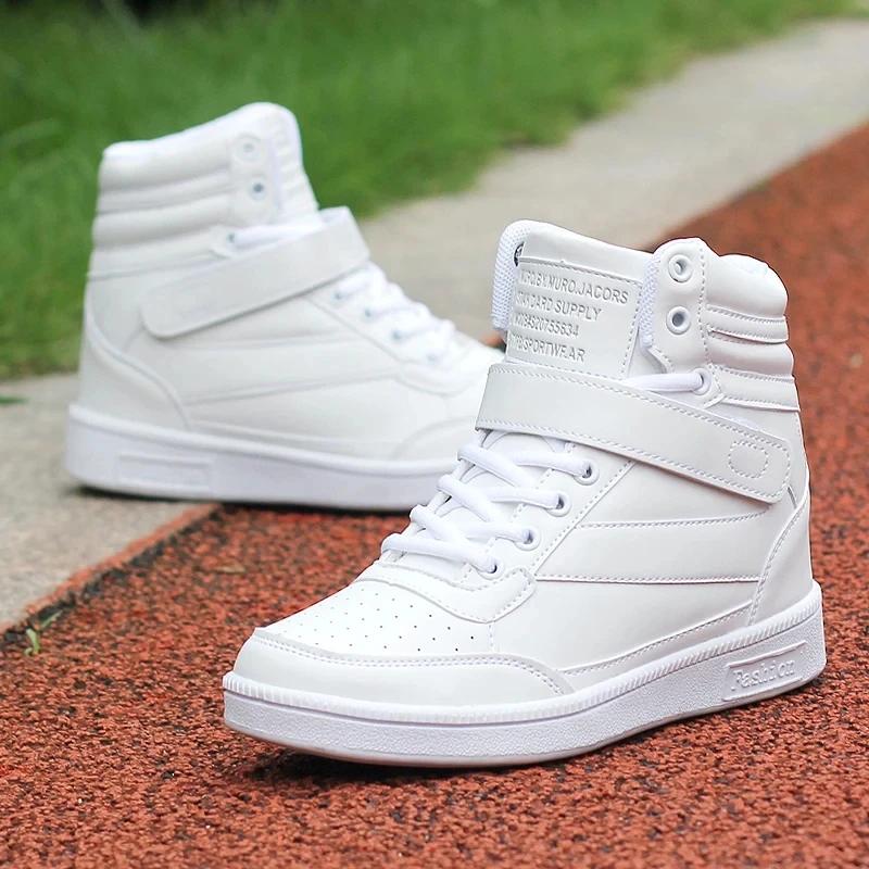 Fashion Brand Womens Breathable High Top Skateboard Shoes Casual Non-slip Sport Shoes Ladies Platform Hidden Increasing Leather Sneakers