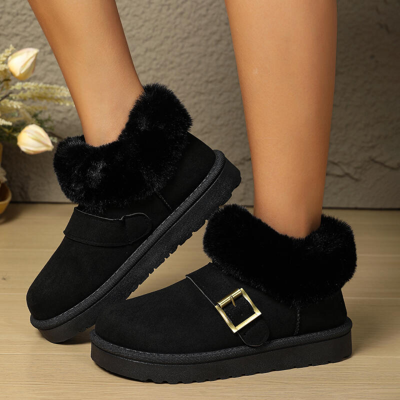 Fashion Luxury Metal Buckle Decoration Faux Fur Snow Boots Women 2025 Winter Soft Thick Bottom Ankle Booties Warm Short Plush Boots