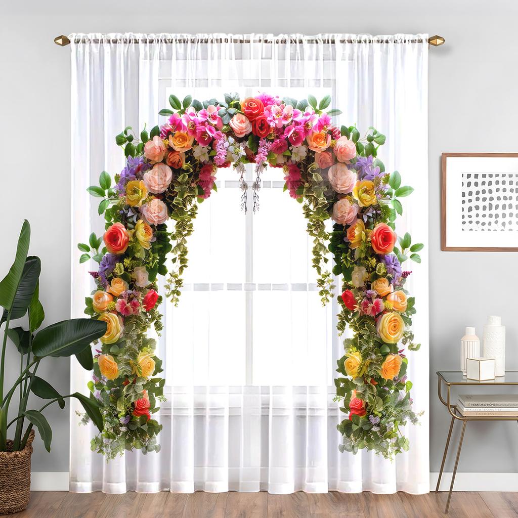 1pc Window Sheer Curtain Living Room Bedroom Dining Room Corridor Office Gym Romantic Warm Flowers Valentine's Day Roses Translucent