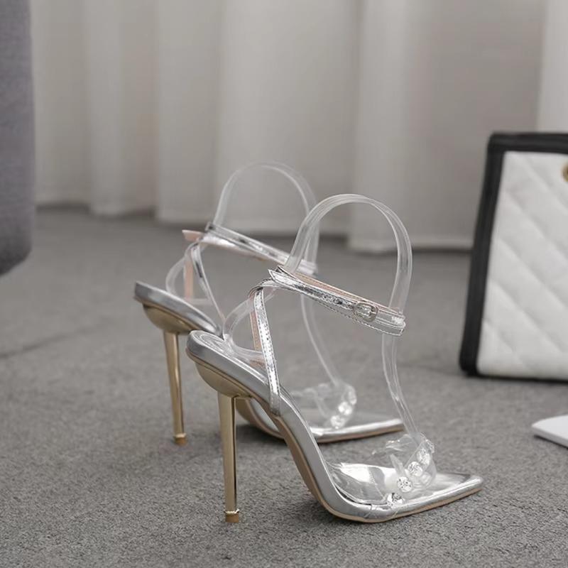 Fashion Sexy Peep Toe Transparent Narrowband Rhinestone Thin High Heels Party Wedding Shoes Women Pointed Buckle Strap Stiletto Sandal